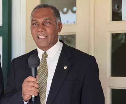 Premier of Nevis Hon. Vance Amory delivering remarks at a press briefing outside the Ministry of Tourism at Bath Hotel, Bath Plain on December 16, 2013